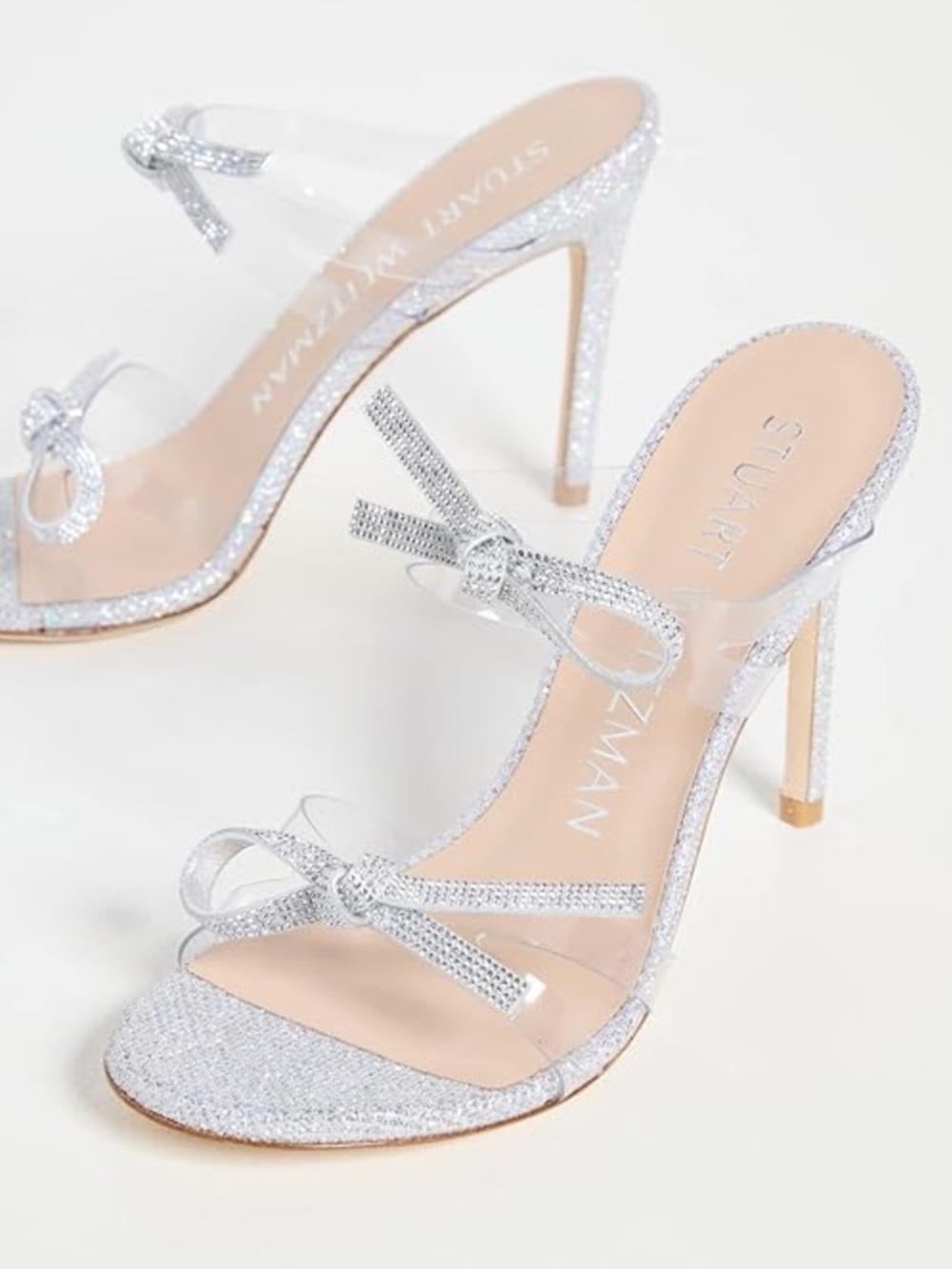 New Stuart Weitzman Bow 100 Silver Sparkle Slide Sandals Size 7